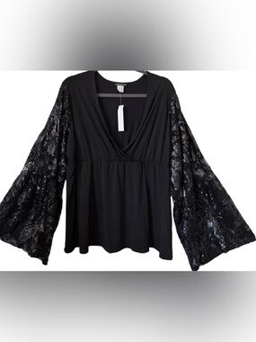 NEW Venus Black Angel Wing Sequined Empire Waist Top Size L